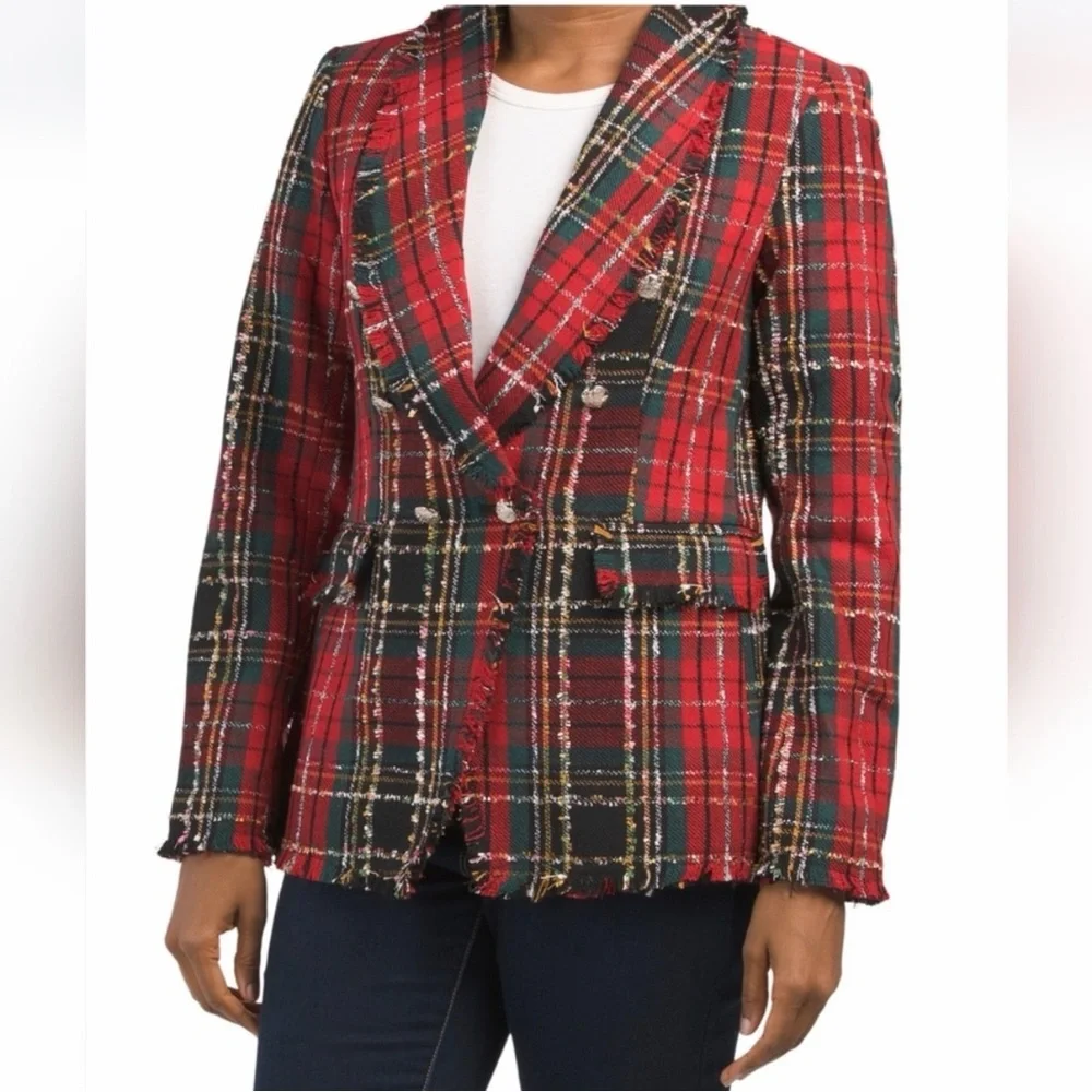 Rachel Zoe Tweed Plaid Red Black Jacket size small
